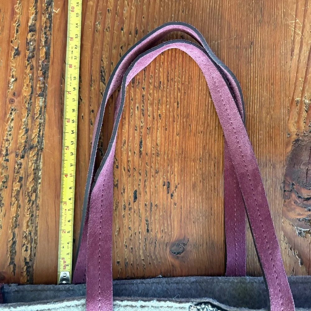 Frau Wool and Suede Tote Bag , Tan and Black Herringbone, Wine/Purple Italy
